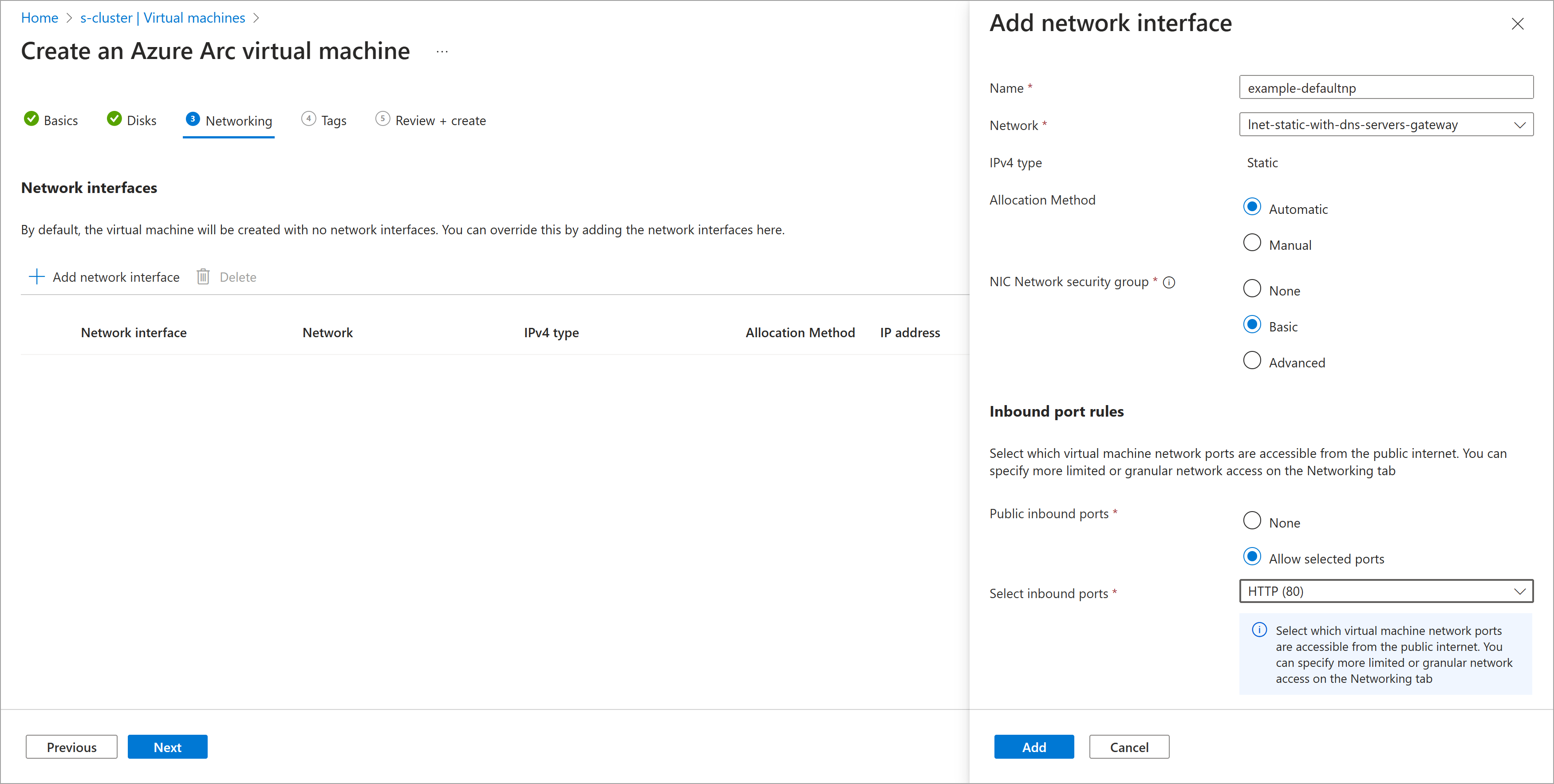 Screenshot showing network interface NSG options for the new network interface.