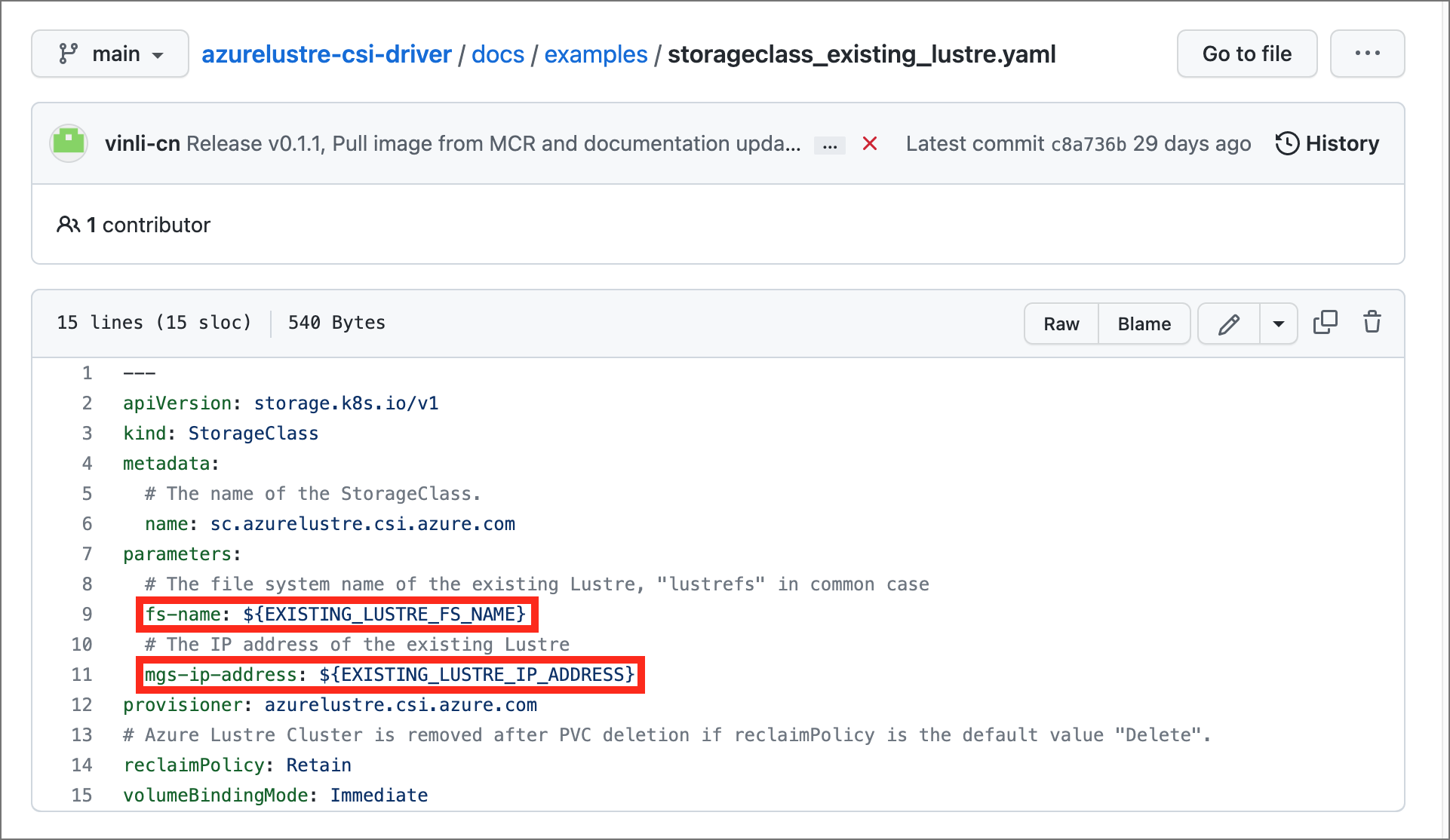 Screenshot of storageclass_existing_lustre.yaml file with values to replace highlighted.