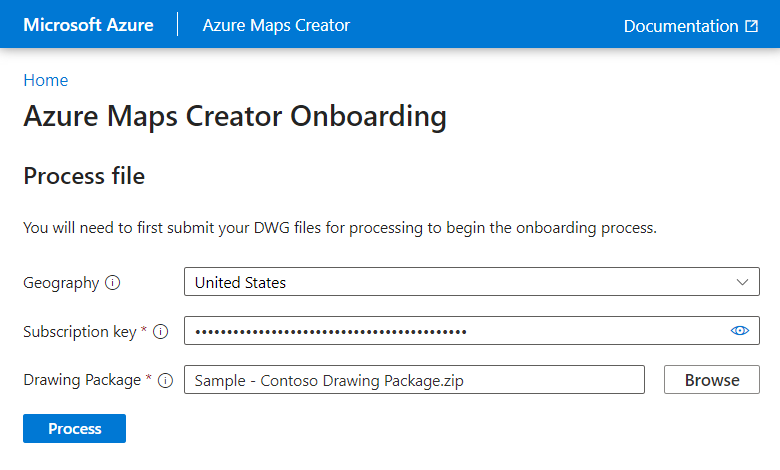 Screenshot showing the process file screen of the Azure Maps Creator onboarding tool.