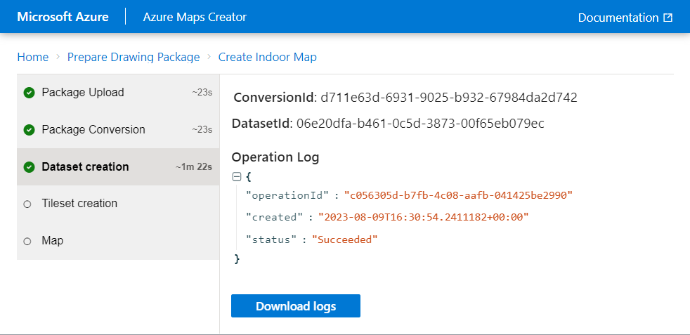 Screenshot showing the dataset-creation screen of the Azure Maps Creator onboarding tool, including the dataset ID value.