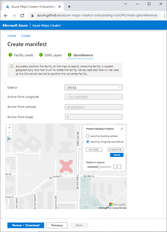 Screenshot showing the georeference tab of the Azure Maps Creator onboarding tool with values entered for the longitude and latitude anchor points.