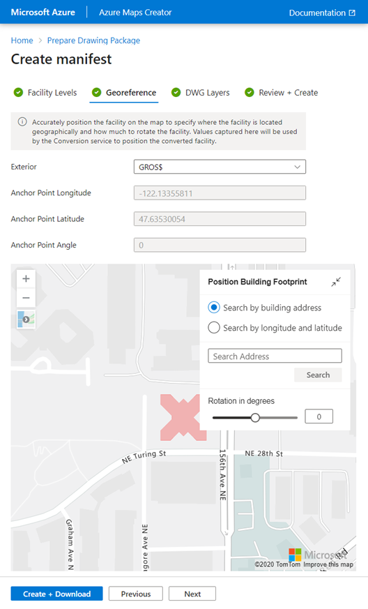 Screenshot showing the default settings in the georeference tab of the Azure Maps Creator onboarding tool. The default settings are zero for all anchor points including longitude, latitude and angle.