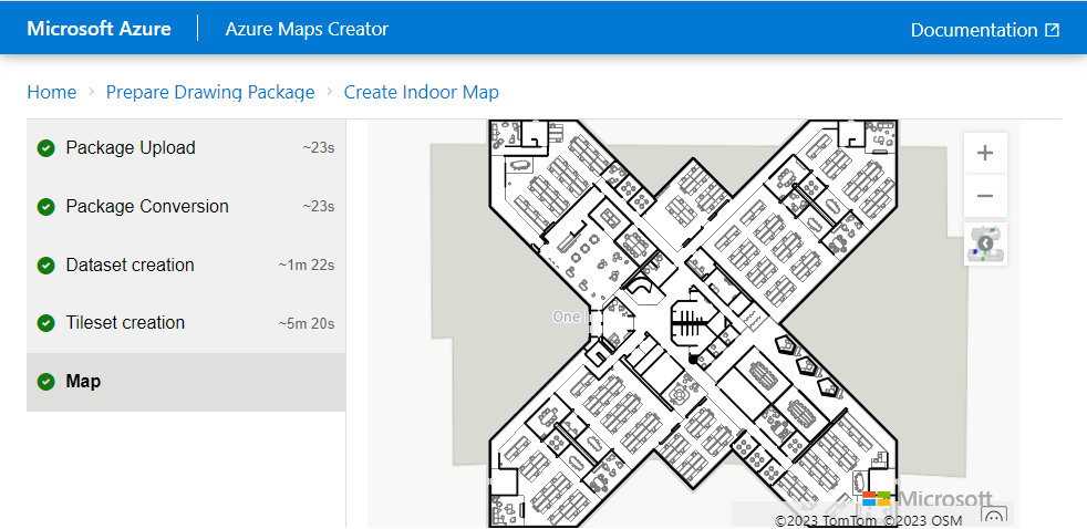 Screenshot showing the map screen of the Azure Maps Creator onboarding tool.