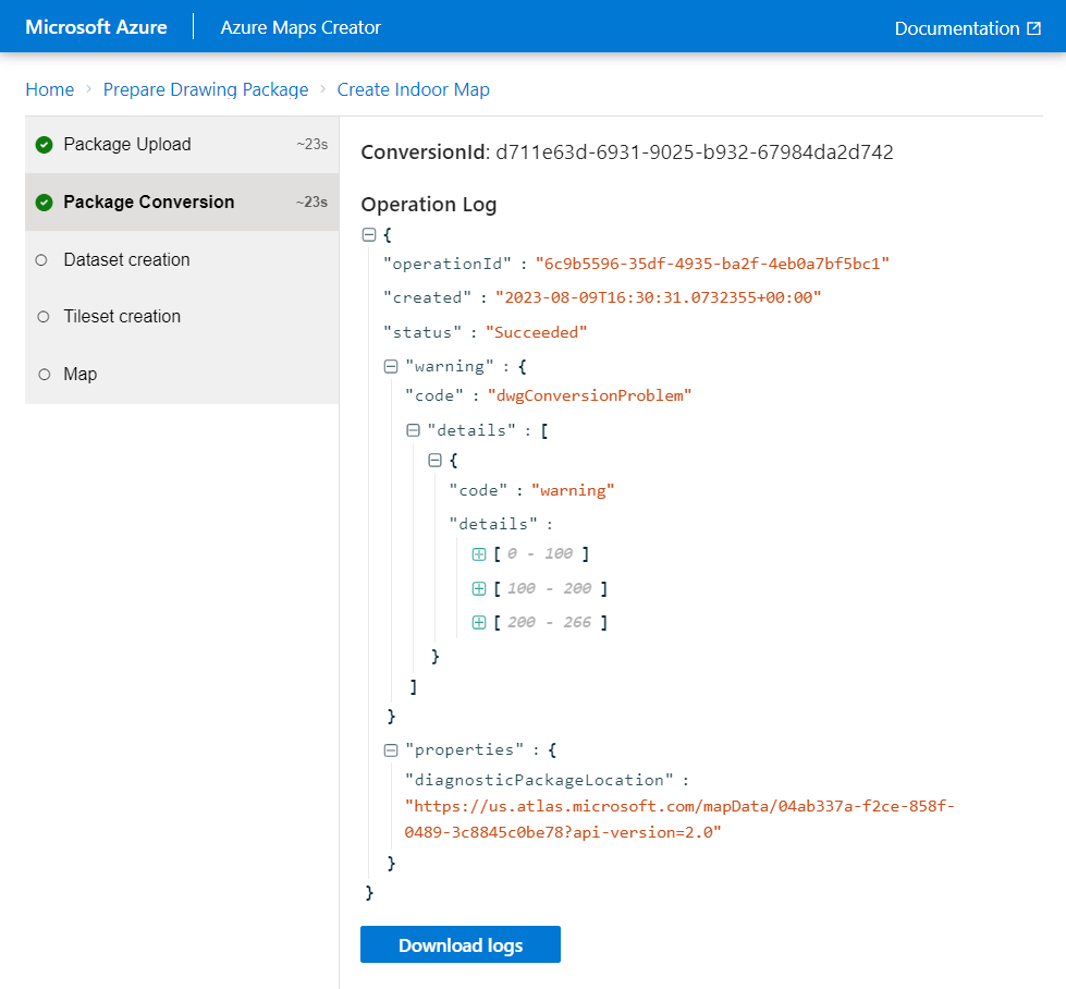 Screenshot showing the package conversion screen of the Azure Maps Creator onboarding tool, including the Conversion ID value.