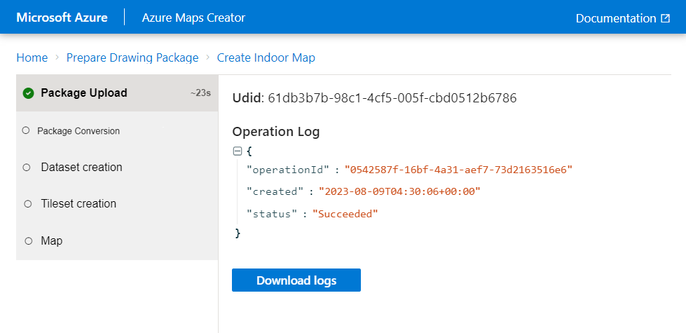 Screenshot showing the package upload screen of the Azure Maps Creator onboarding tool.