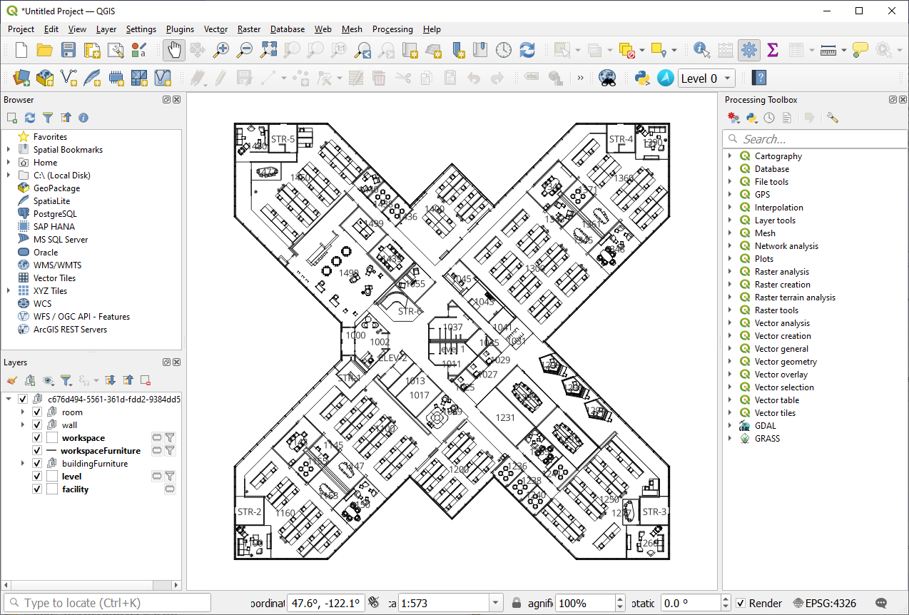 A screenshot showing the QGIS product with the indoor map.
