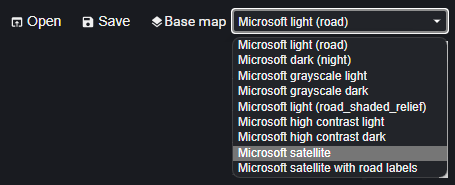A screenshot of the base maps drop-down list in the visual editor toolbar.