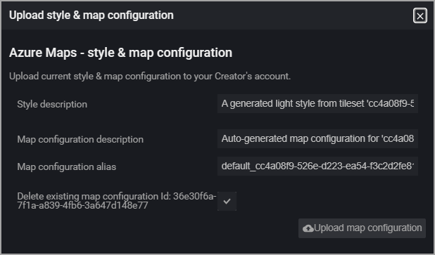A screenshot of the upload style and map configuration dialog box in the visual style editor.