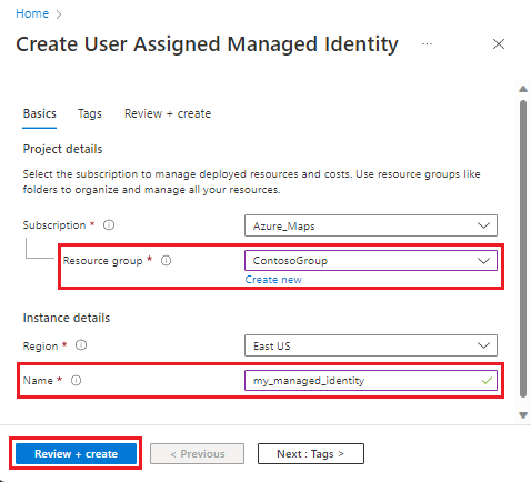 A screenshot of the Create User Assigned Managed Identity page.