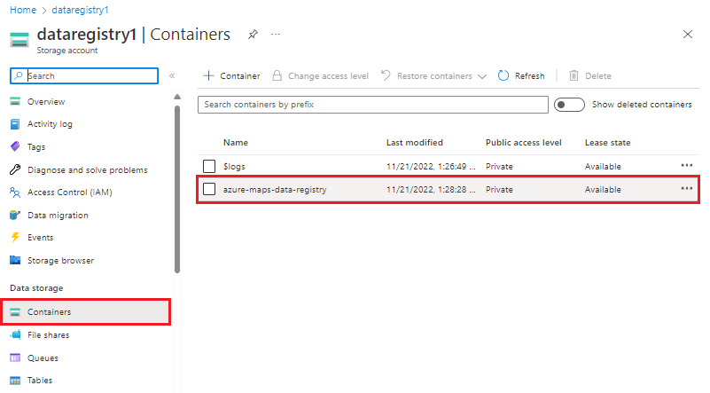 A screenshot showing the new container just created in an Azure storage account.