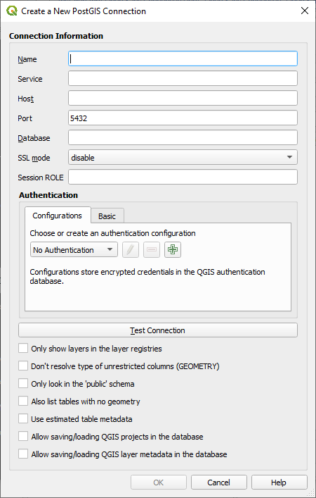 A screenshot showing the create new PostGIG connection dialog in QGIS.