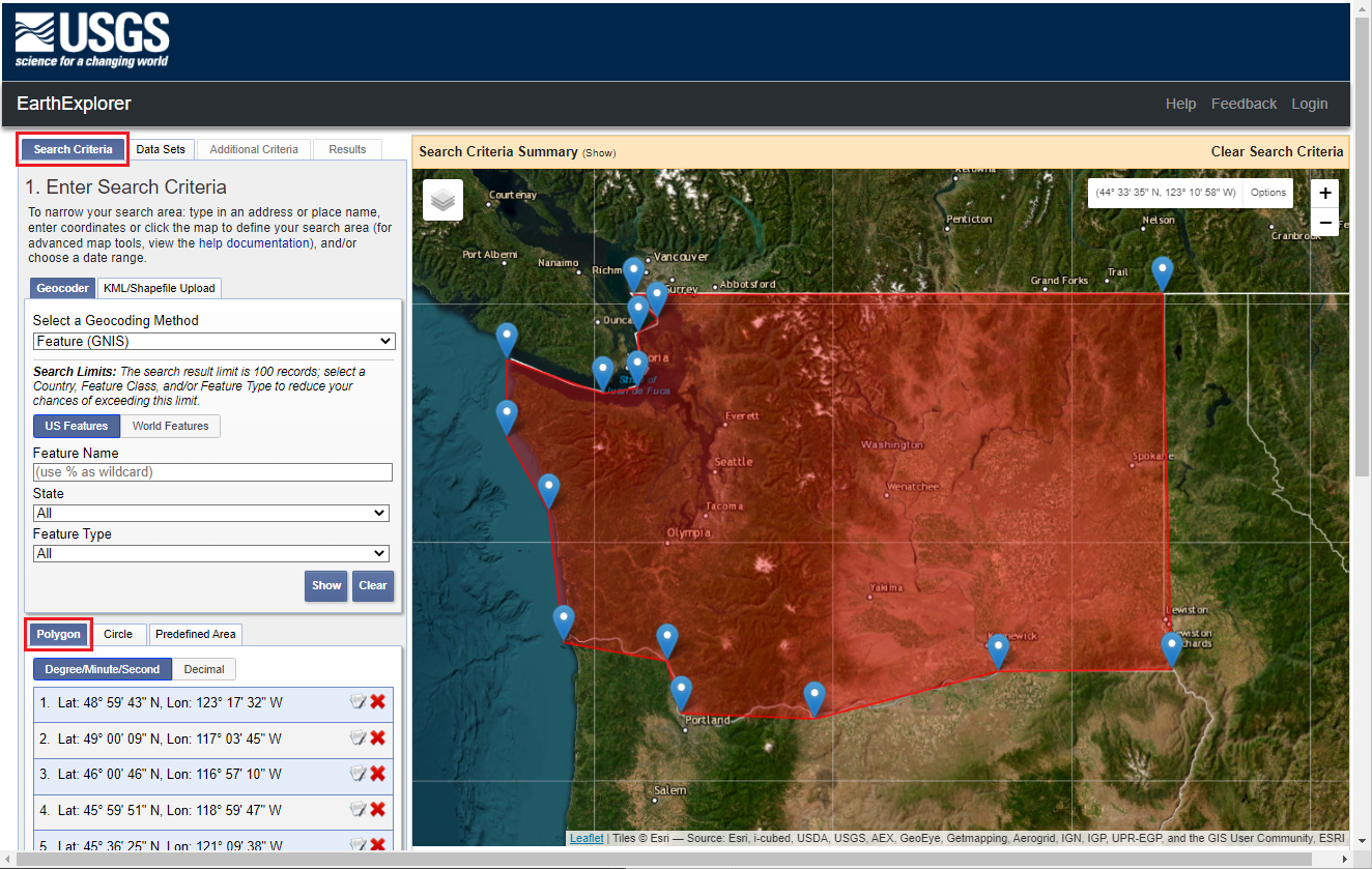 A screenshot showing the search criteria tab in the USGS earth explorer web site.