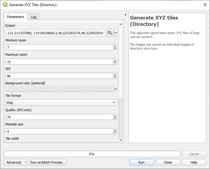 A screenshot showing the Generate XYZ tiles (Directory) tool in QGIS.