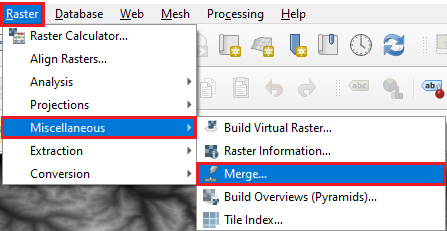 A screenshot showing the merge raster menu in QGIS.
