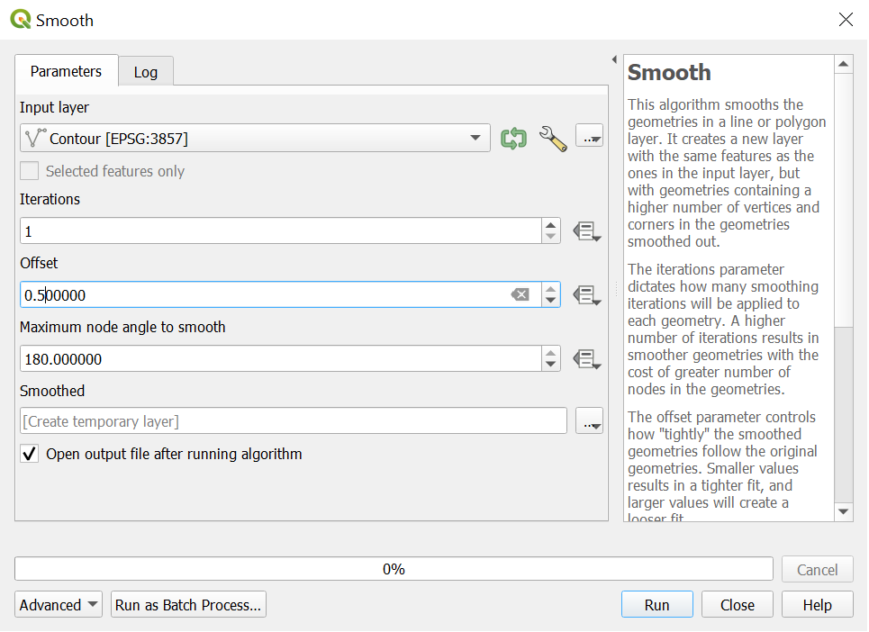 A screenshot showing the smooth dialog in QGIS.