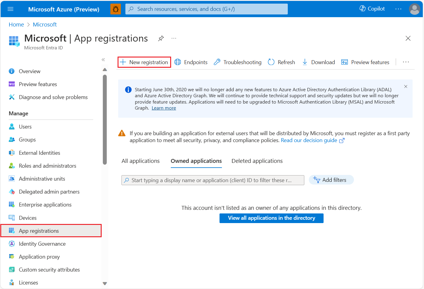 Screenshot showing the new registration page in the App registrations blade in Azure Active Directory.