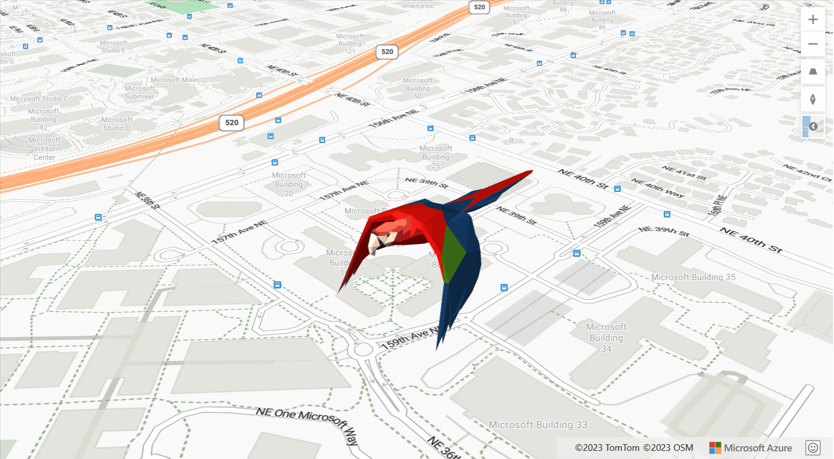 A screenshot showing an an animated 3D parrot on the map.