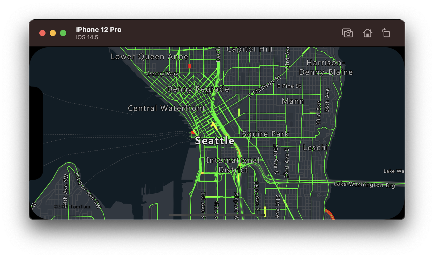 Screenshot of a map with color coded road lines showing traffic flow levels.