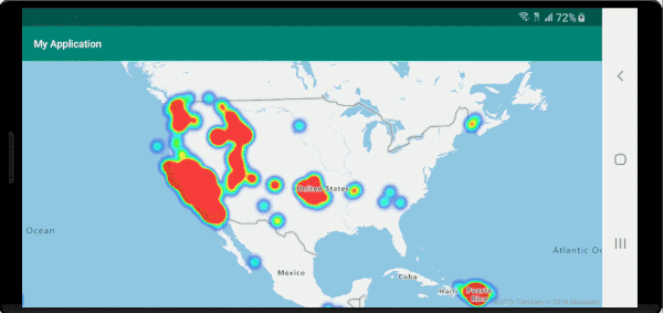Animation showing a map zooming with a heat map layer showing a consistent pixel size