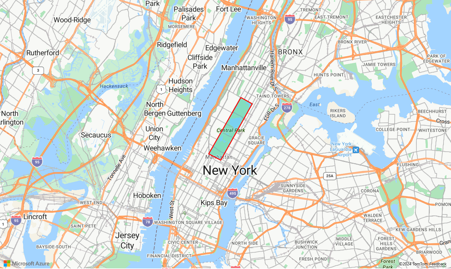 A screenshot of a map of New York City demonstrating a mostly transparent polygon layer covering all of Central Park, bordered with a red line.