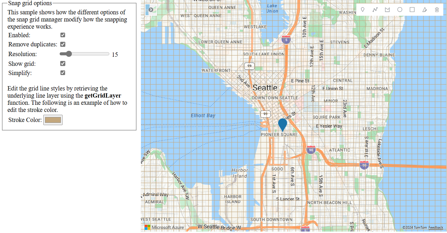 A screenshot of map with snap grid enabled and an options panel on the left where you can set various options and see the results in the map.