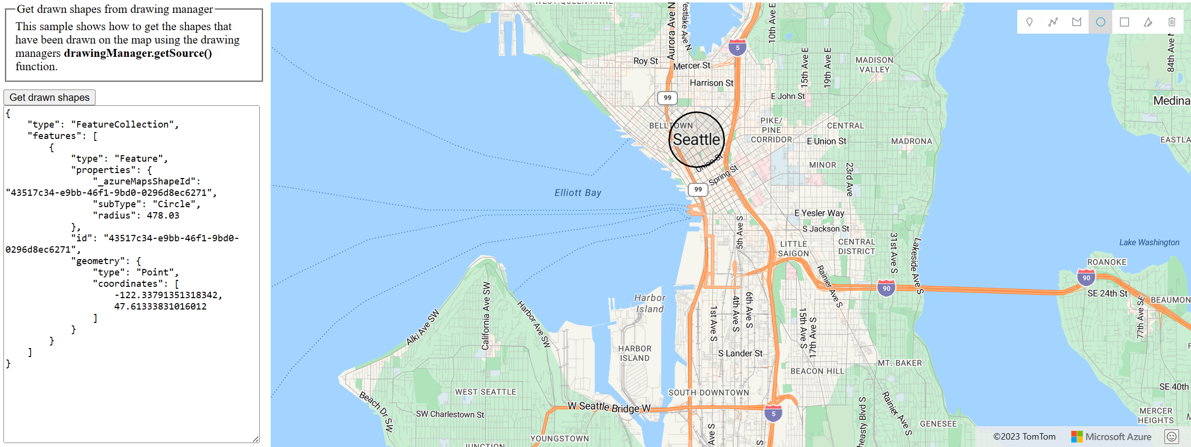 A screenshot of a map with a circle drawn around Seattle. Next to the map is the code used to create the circle.