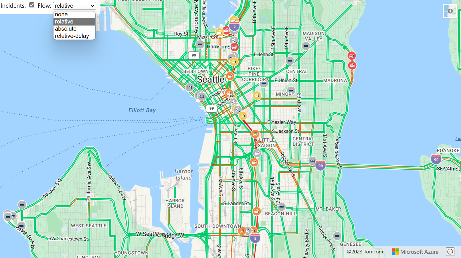 A screenshot of map showing the traffic overlay options.