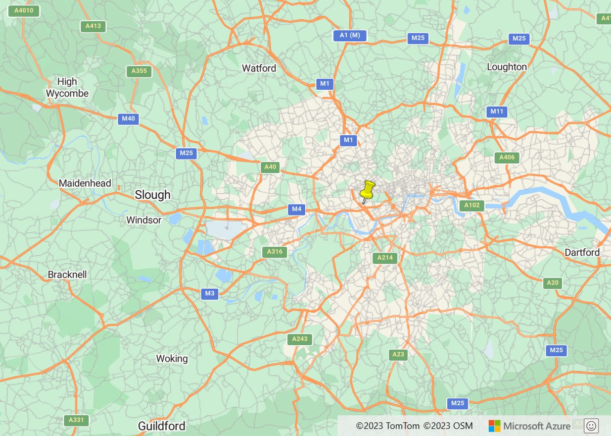 A screenshot of an Azure Maps map with a yellow push pin shown.