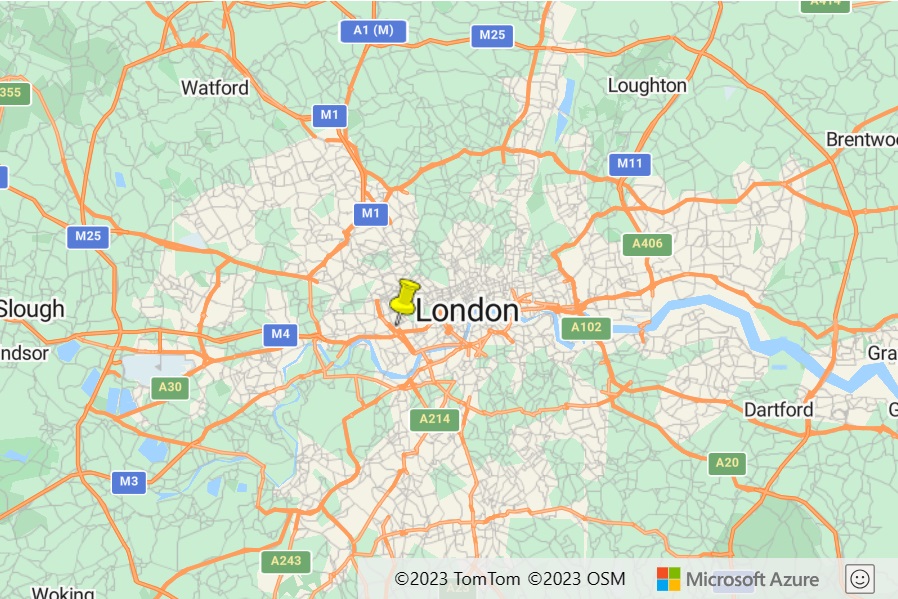 A screenshot of an Azure Maps map with a yellow push pin shown on the map in London.
