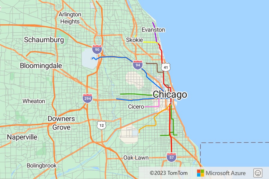 A screenshot of an Azure Maps map demonstrating KML with different colored lines representing different railroad track originating from a port in Chicago to various different destinations, all data coming from the KM file.