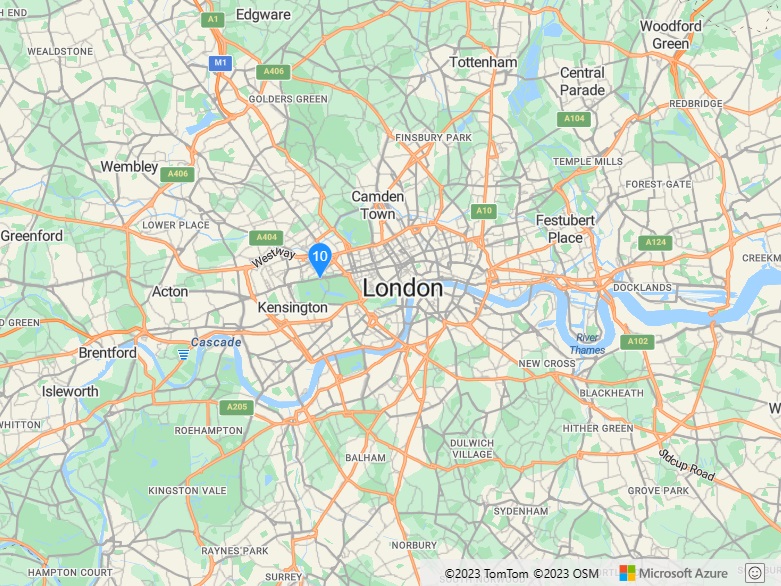 A screenshot of an Azure Maps map with blue pin shown.