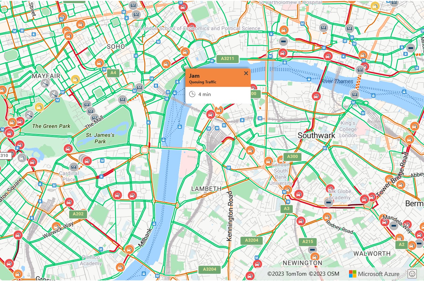 A screenshot of an Azure Maps map showing traffic with a popup showing the details of a specific traffic incident .