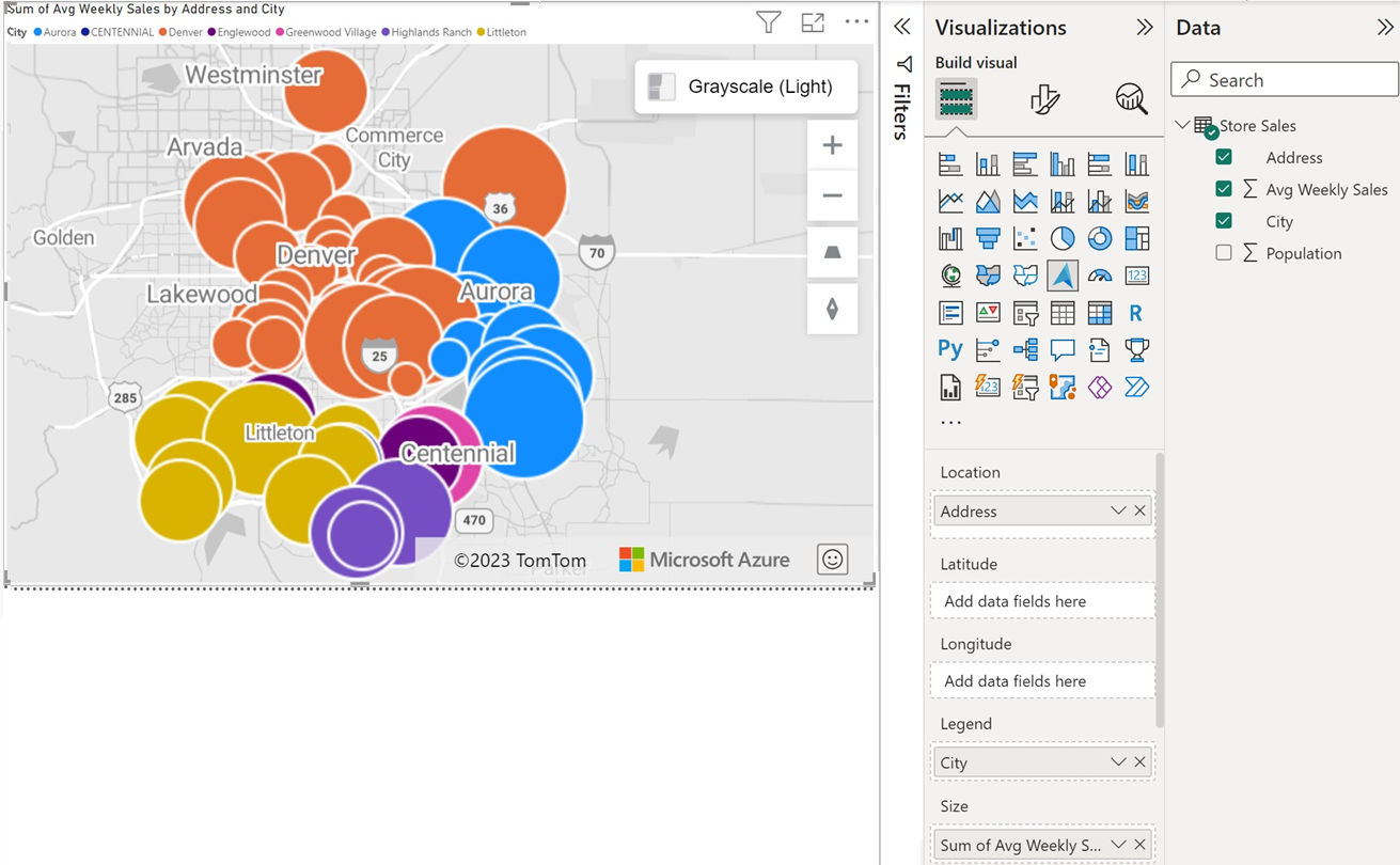 A screenshot of the Azure Maps visual displaying points as colored and scaled bubbles on the map demonstrating the size field.