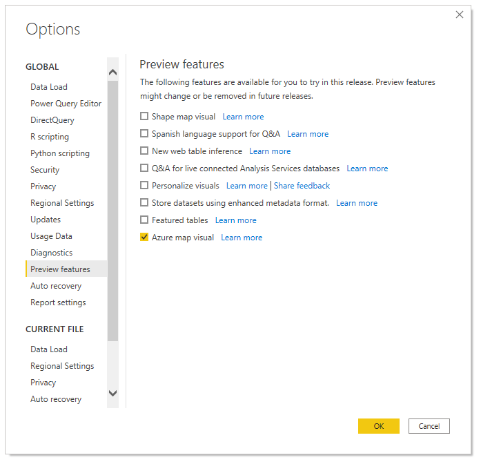 Power BI Options panel showing preview features options for the Azure Maps visual.