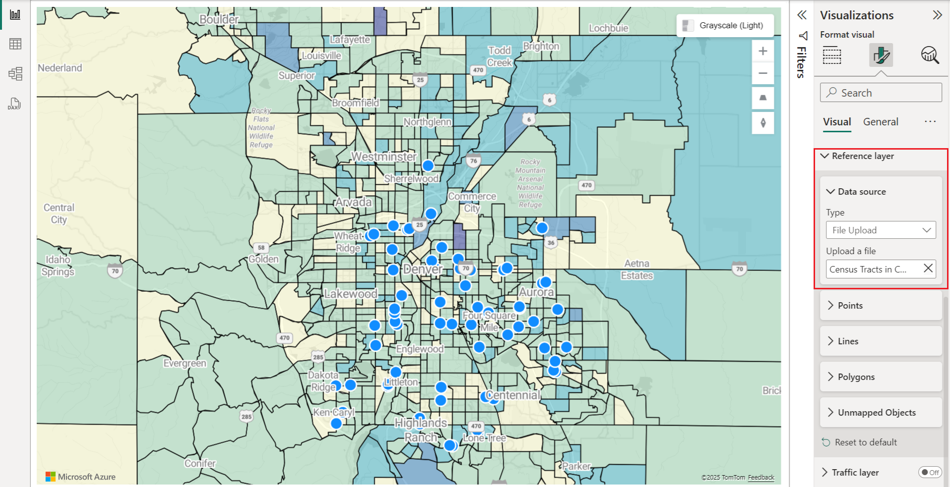 A map displaying 2016 census tracts for Colorado, colored by population as a reference layer.