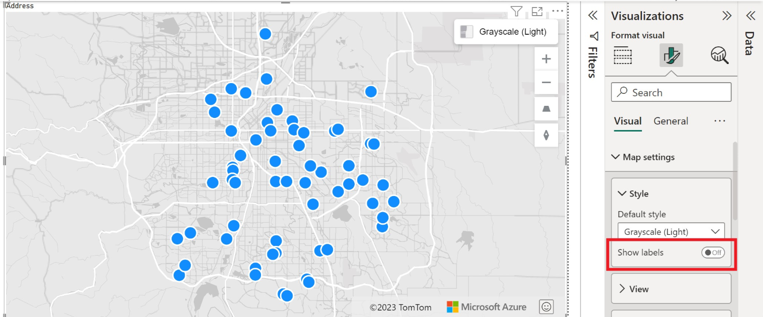 A screenshot of the Azure Maps visual displaying a map with the show labels setting turned off in the style section of the format pane in Power BI.