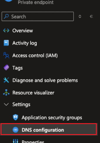 A screenshot showing an Azure portal sidebar menu for a private endpoint resource, highlighting the DNS configuration option under Settings. The menu includes options such as Overview, Activity log, Access control IAM, Tags, Diagnose and solve problems, Resource visualizer, Application security groups, DNS configuration, and Properties.