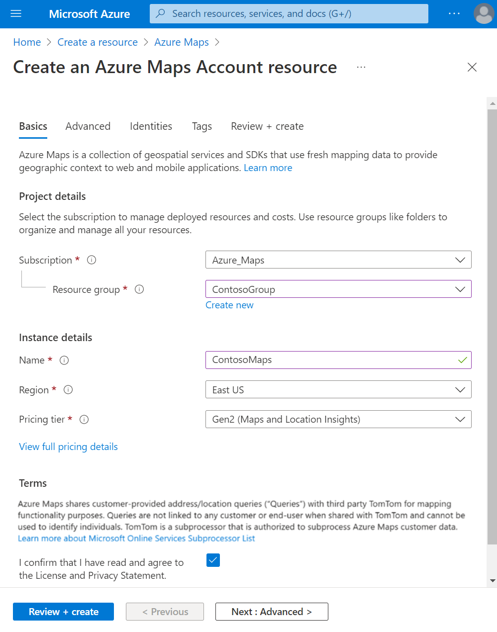 A screenshot that shows the Create Maps account pane in the Azure portal.