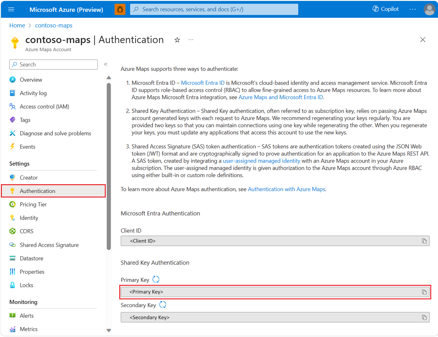 Screenshot showing your Azure Maps authentication options in the Azure portal.