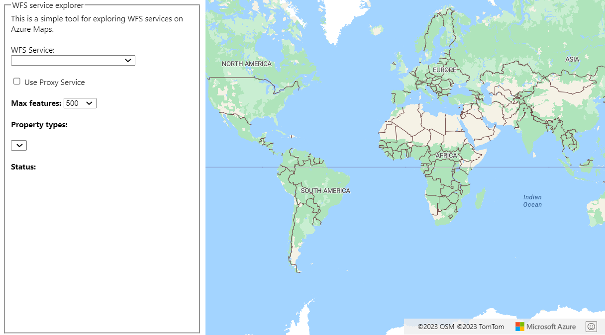 A screenshot that shows a simple tool for exploring WFS services on Azure Maps.