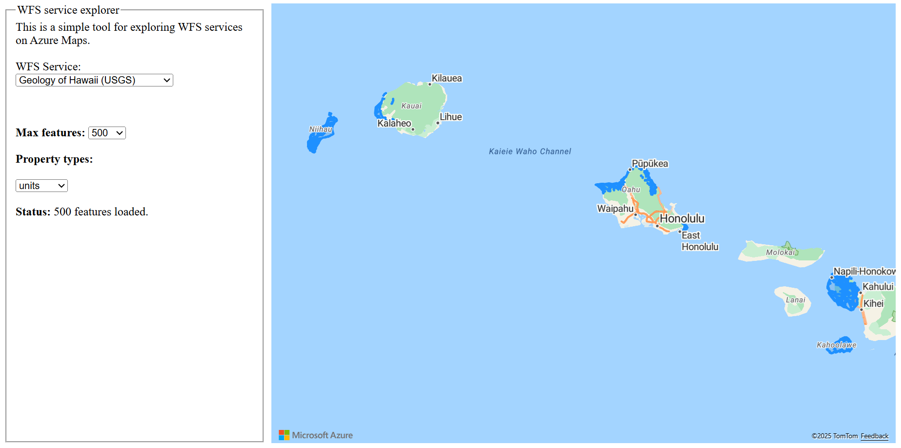 A screenshot that shows a simple tool for exploring WFS services on Azure Maps.