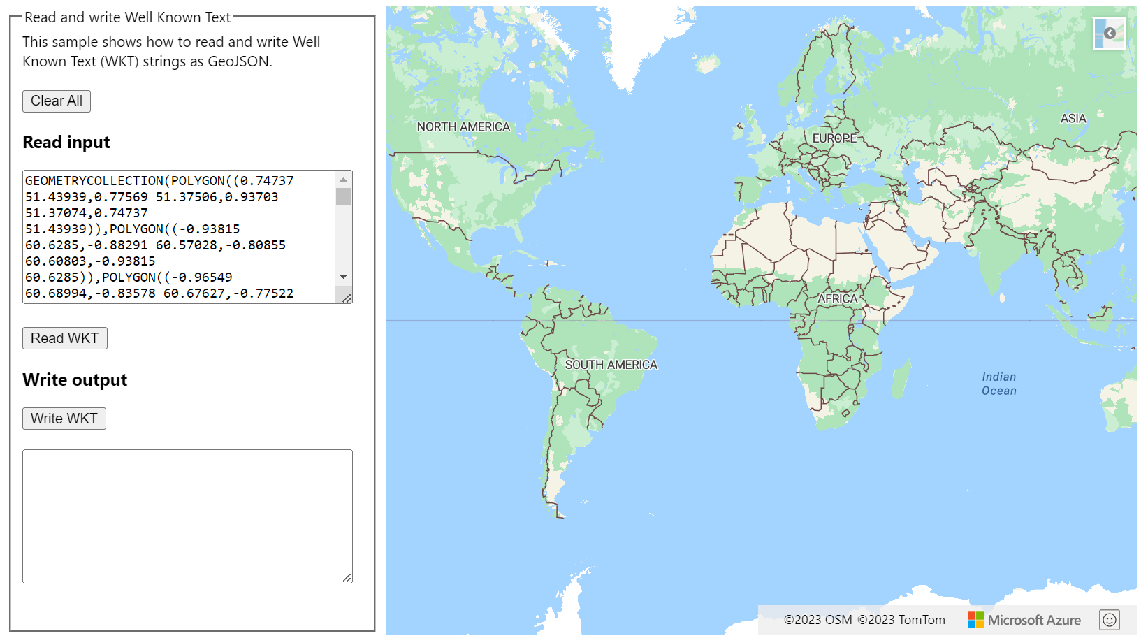 A screenshot showing the sample that demonstrates how to read and write Well Known Text (WKT) strings as GeoJSON.