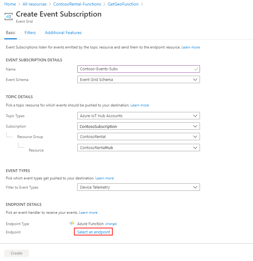 Screenshot of create event subscription.