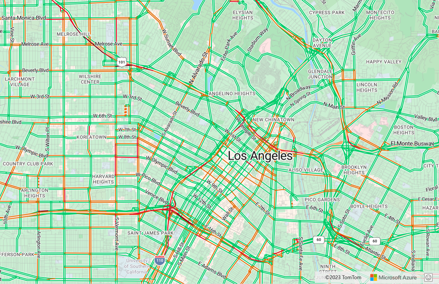 A screenshot that shows a map of Los Angeles, with the streets displaying traffic flow data.