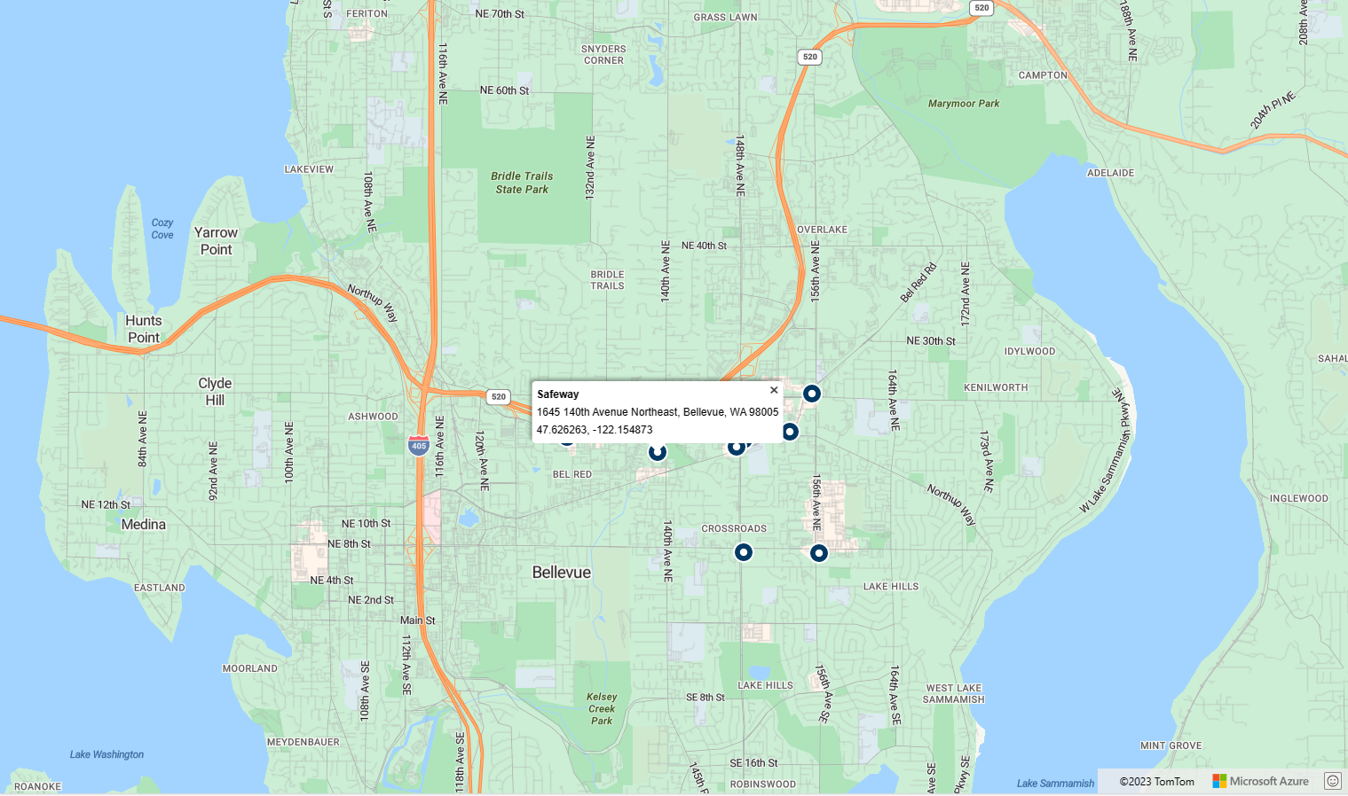 A screenshot of a map with information popups that appear when you hover over a search pin.