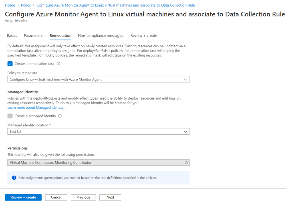Screenshot that shows initiative remediation for Azure Monitor Agent.