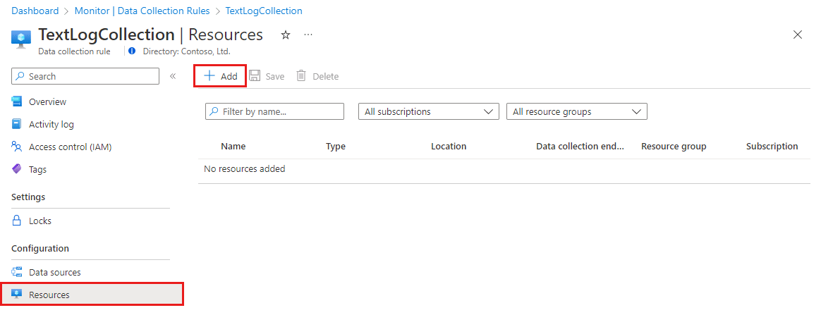 Screenshot that shows the Data Collection Rules pane in the portal with resources for the data collection rule.