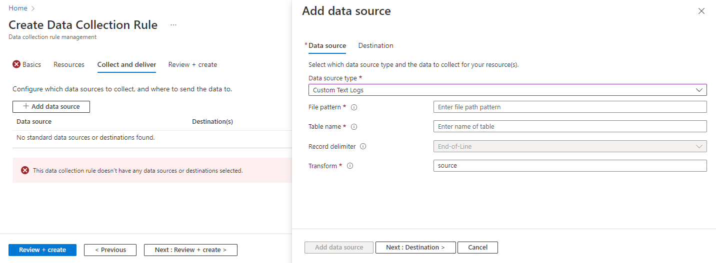 Screenshot that shows the Add data source screen for a data collection rule in Azure portal.