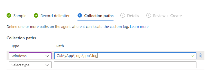 Screenshot that shows adding a log collection path.