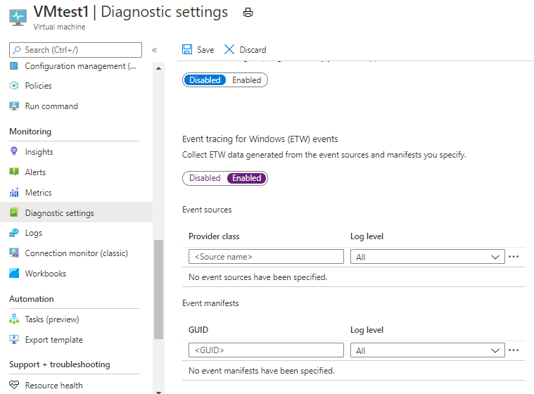 Screenshot of diagnostics settings